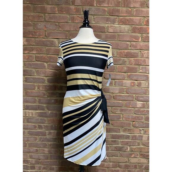 AA Studio AA Tan & Black Stripe Faux Wrap Short Sleeve Dress Size 10 NWT - Picture 2 of 7